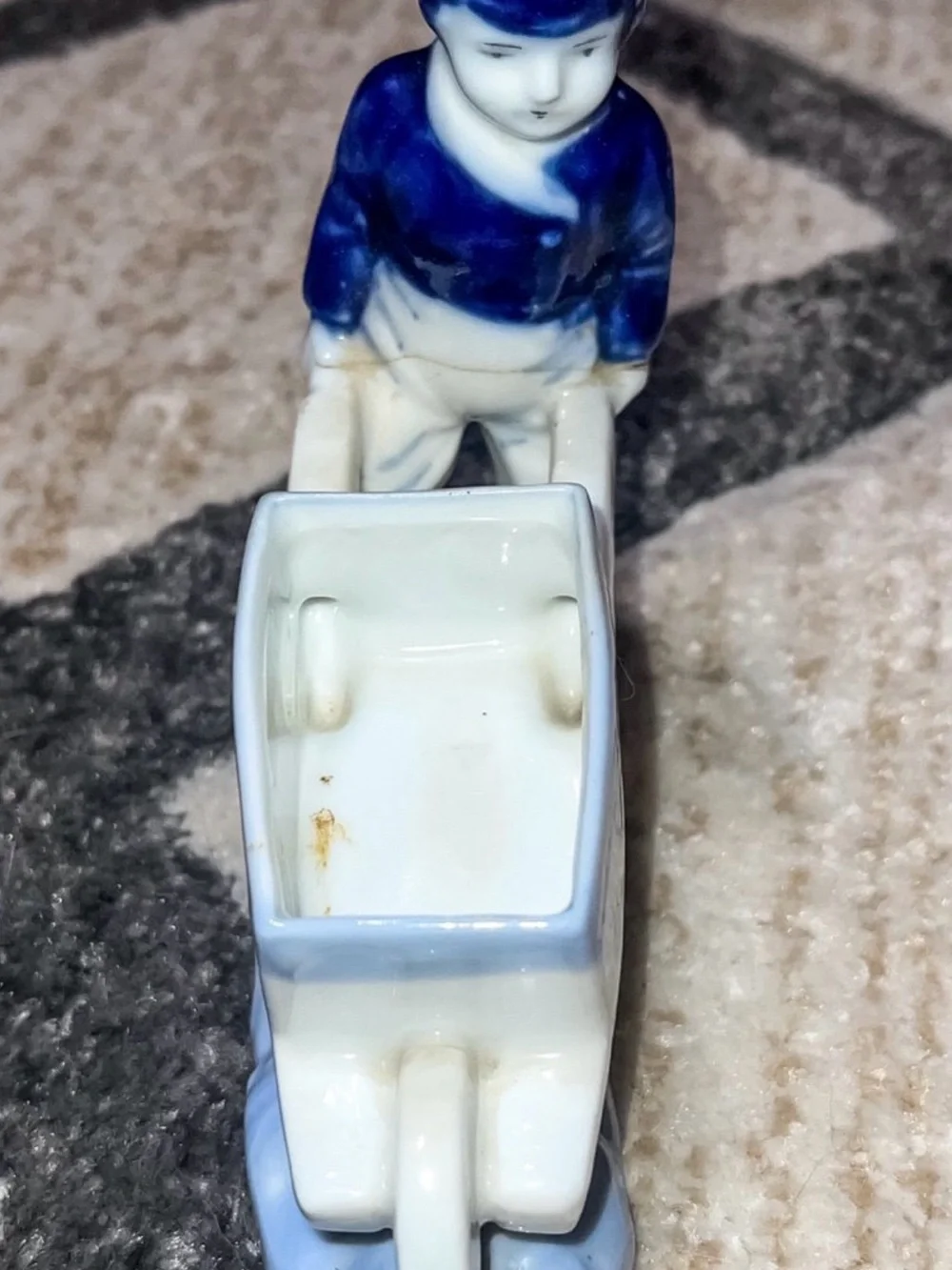 Vintage Blue and White Porcelain Fisherman Wheelbarrow Figurine